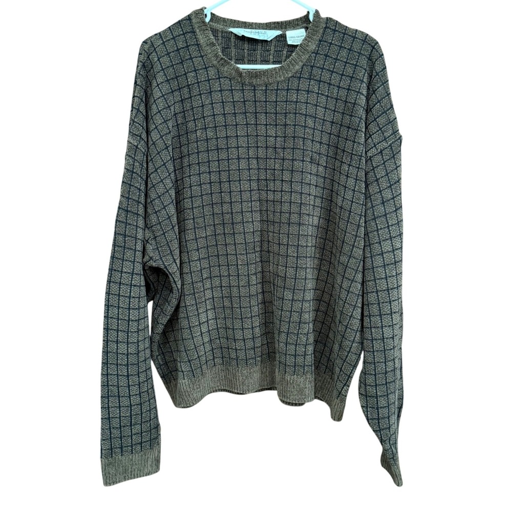 Knightsbridge Mens Large Brown Plaid Acrylic Knit Sweater Long‎ Sleeve Vintage